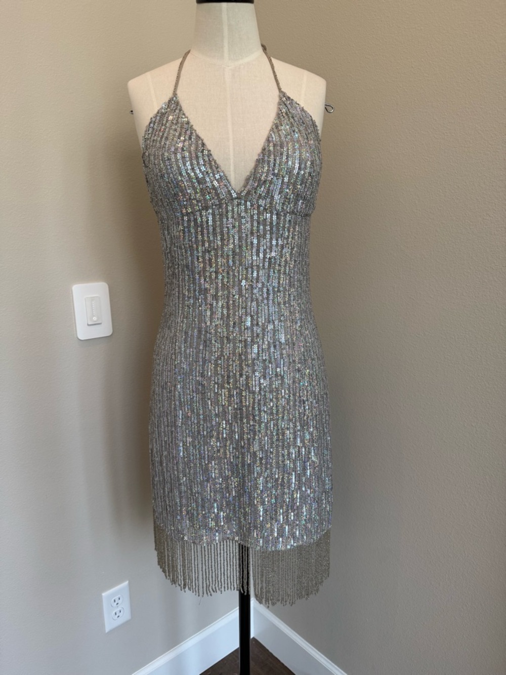 Scala Silver Sequin Halter Mini Dress with Fringe